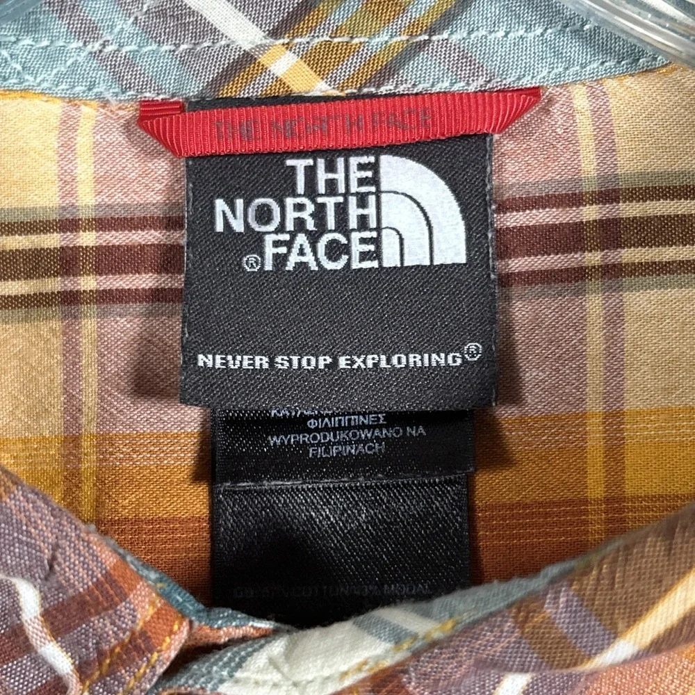 North Face Mens XL Plaid Short Sleeve Shirt Cotton Modal Blend Brown Orange